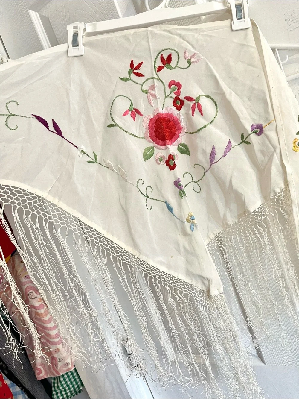 Vintage White Fringe Embroidered Floral Tassel Scarf Belt Sarong Piano Flamenco